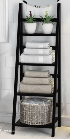 a shelf with towels and baskets on it