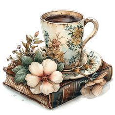 a cup of coffee sitting on top of an old book with flowers and leaves around it