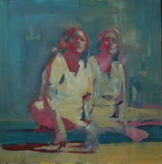 an oil painting of two women sitting on the ground