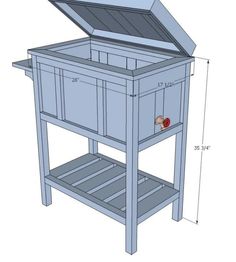 the plans for an outdoor potting bench are shown in blue and white with measurements