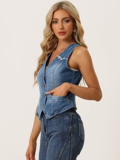 Shop Allegra K for denim vest sleeveless collarless washed distressed jean jacket you are looking for, get more women's demin jackets for yourelf. Order now! Free Returns! Sleeveless Denim Vest, Womens Denim Vest, Demin Jacket, Distressed Jean Jacket, Double Denim, Jean Vest, Chic Outfit, Edgy Look, Denim Design