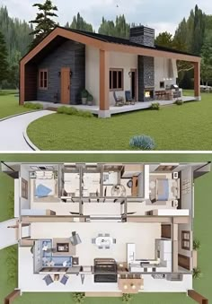 this is an image of a house plan with two floors and one bedroom on the first floor