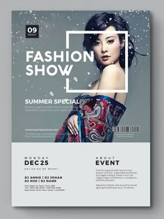 a fashion show flyer with a woman in a dress on the front and back cover