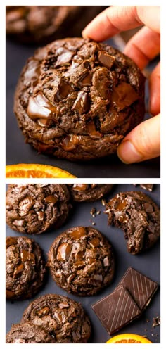 chocolate cookies and oranges are shown with the same image in two different pictures, one is