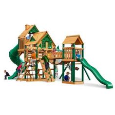 a children's play set with a green slide