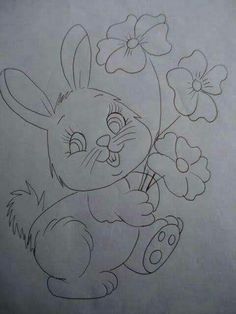 a drawing of an easter bunny with flowers