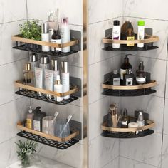 two shelves in the corner of a bathroom