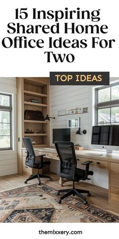 a home office with two chairs and desks in the middle, on top of a rug