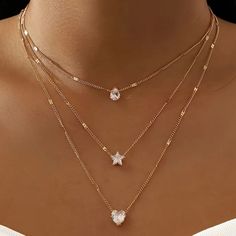 Multilayer Water Drop Love Star Rhinestone Pendant Clavicle Chain Necklace For Women. - Golden Plated. - Luxury Style Fine Jewelry. Necklace Styles, Hari Valentine, Fantastic World, Girl Accessories, Multi Layer Necklace, Star Jewelry, Rhinestone Heart, Stone Pendant Necklace, Pretty Jewelry