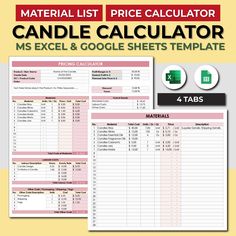 the printable template for candle calculator ms excel and google sheets