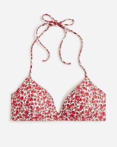 French halter-neck bikini top in Liberty® Eliza's Red fabric Red Halter Top With Built-in Bra For Summer, Red Triangle Halter Top With Built-in Bra, Red Halter Neck Swimwear Bra Friendly, Red Halter Neck Top For Poolside, Red Halter Neck Bra-friendly Swimwear, Red Swimwear With Removable Bra Pads, Red Swimwear With Removable Bra Pads For Beach, Red Swimwear With Removable Bra Pads For Vacation, Red Bra Friendly Halter Top