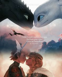 the poster for how to train your dragon is shown with an image of two people kissing