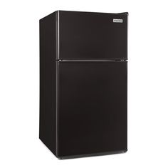 a black refrigerator freezer sitting on top of a white wall