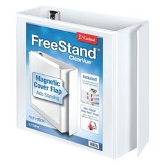 a white binder with magnets on the front and back side, showing an ad for