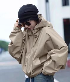 Beige Hooded Windbreaker Jacket | J-Hope - BTS 3XL Windbreaker Jacket Aesthetic, Bi Outfits, Pink Fluffy Jacket, Katsuki Fanart, Jacket Aesthetic, Poses Aesthetic, Hope Bts, Brown Zip Ups, Fashion Chingu