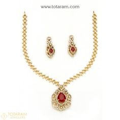 18K Gold Diamond Necklace & Drop Earrings Set with Color Stones  - 235-DS739 - Buy this Latest Indian Gold Jewelry Design in 27.100 Grams for a low price of  $3,889.99 Diamond Indian Jewellery, Indian Gold Jewellery Design, Ruby Diamond Necklace, Gold Jewelry Design, Indian Diamond Jewellery, Indian Gold Jewelry, Necklace Set Indian, Diamonds Necklace, Diamond Necklace Set