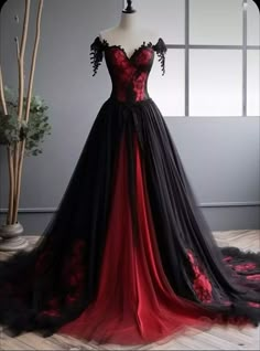 Black Red Gothic Wedding Dresses A Line Off Shoulder Lace Appliques Bridal Gowns | eBay Dress Black And Red, Black And Red Wedding, Modern Fairy, Black Wedding Gowns, Fairy Tale Princess, Gothic Wedding Dress, Off Shoulder Gown, Prom Dress Inspiration, Fantasy Gowns