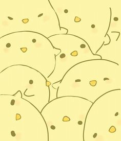 a bunch of small yellow birds sitting in the middle of each other's heads