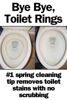 two toilets with the words bye bye, toilet rings 1 spring cleaning tip removes toilet stains with no scrubbing