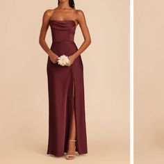 two bridesmaid dresses, one in red and the other in burgundy with white flowers