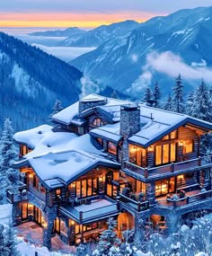 this is an image of a beautiful mountain home in the wintertime with snow on the ground