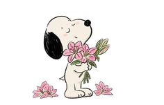 a cartoon dog holding flowers in its paws