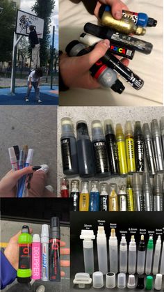 there are many different types of pens and inks in this collage, one is holding a basketball hoop