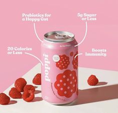 a pink soda can with raspberries on the side and information about how to use it