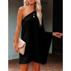 Black Sloping Shoulder One Piece Casual Dress Black One-shoulder One-sleeve Dress For Spring, Black One-shoulder One-sleeve Spring Dress, Black One Shoulder Dress For Spring, One Sleeve Mini Dress For Summer Evening, One-sleeve Mini Dress For Summer Evenings, Elegant One Sleeve Mini Dress For Spring, Elegant One-sleeve Mini Dress For Spring, Elegant One-sleeve Spring Mini Dress, One Sleeve Cocktail Mini Dress For Spring