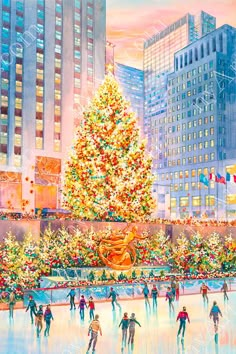 a painting of people skating on an ice rink with a christmas tree in the background