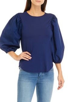 Highlight the best features of your look with this chic top from Cupio. Features a round neckline and elbow puff sleeves. | Cupio Women's Elbow Poplin Sleeve Knit Top, Blue, X-Large Chic Cotton Puff Sleeve Top With Crew Neck, Blue Puff Sleeve Top With Gathered Sleeves, Chic Blouse With Blouson Sleeves And Crew Neck, Spring Crew Neck Puff Sleeve Top With Gathered Sleeves, Summer Puff Sleeve Crew Neck Top For Workwear, Blue Workwear Top With Gathered Sleeves, Blue Top With Gathered Sleeves For Work, Blue Tops With Gathered Sleeves For Work, Blue Puff Sleeve Top For Work