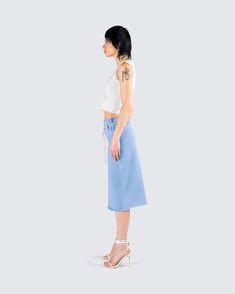 Simple, but chic 👏 Pairing an ivory sweater pattern top with a blue column midi denim skirt - this fit is the perfect casual everyday look to dress up or down 💙 Chic High Rise Denim Skirt For Spring, Chic Knee-length Denim Skirt For Summer, Spring Knee-length Denim Skirt, Spring Knee-length Denim Skirt For Day Out, Chic Medium Wash Knee-length Skirt, Versatile Spring Midi-length Bottoms, Versatile Spring Midi Bottoms, Versatile Midi Bottoms For Spring, Chic Knee-length Denim Blue Skirt