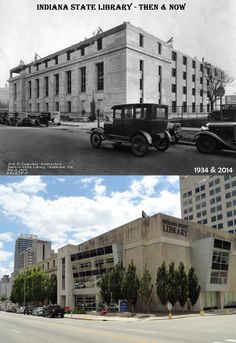 an old and new photo of the indiana state library, then in black and white