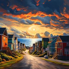 a painting of a street with houses and the ocean in the background, at sunset