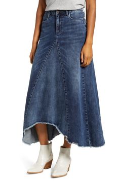 Spring Denim Blue Flare Skirt, Denim Blue Flare Skirt For Spring, Spring Flare Denim Blue Skirt, Spring Flared Cotton Skirt, Casual Flare Skirt For Spring, Denim Flared Skirt For Fall, Fall Denim Flared Skirt, Dark Wash Denim Flared Skirt, Spring Wide Leg Denim Skirt With Frayed Hem