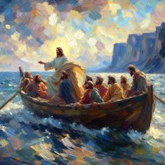 a painting of jesus in a boat on the water