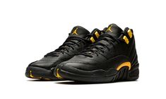 The Air Jordan 12 GS “Black Taxi” is the youth sizing of the mostly monochromatic black colorway of the retro basketball shoe that references its original “Taxi” look, but with a twist.  The “Black Taxi,” as suggested by its nickname, updates the Jordan 12’s original “Taxi” colorway with black accents in lieu of the “Taxi’s” predominantly white design.  The “Black Taxi” features a black leather upper instead of the “Taxi’s” white leather construction.  As for the rest of the shoe, a tonal synthe Retro Basketball Shoes, Air Jordan 12, Retro Basketball, Jordan 12, Jordans 12, Stadium Goods, Kids Jordans, The Youth, Black Accents