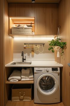 a washer and dryer in a small room with wood paneling on the walls