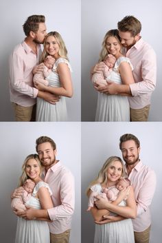 four pictures of a man and woman holding their baby