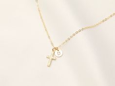 14k Gold Filled Tiny Cross with Initial Necklace / Miraculous / Catholic Necklace / Baptism Necklace / Communion , Letter Necklace  INSTRUCTION: 1. Choose the length of the chain. 2. Select how many charms (1 disc or + 2 discs + 3 discs + 4 discs or more) 3. In the Personalization Box - Please indicate the Letter of choice, all letter will be in capital letters only. 4. Indicate the order you want the letters will be Example: Letter D, R, J, Cross , OR Cross D, R, J (please indicate order of the Cross Necklace With Initial, Cross Necklace Simple, Catholic Necklace, Tiny Cross, Jewelry Accessories Ideas, Gold Cross Necklace, Rose Jewelry, Cross Charms, Letter Necklace