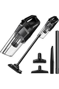 a black and white photo of a vacuum cleaner with all its accessories including a cleaning brush