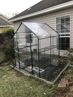 a small green house sitting on top of a yard