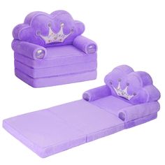 a purple couch and chair with a crown on it