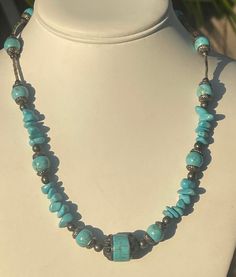 This is a beautiful Turquoise Colored Gemstone Necklace, I would imagine it is some type of dyed howlite or magnesite but I'm not sure Exactly what it is but it has the definite appearance of turquoise. The necklace has the full length measurement of 22.75 inches long with the adjustability of about 2.5 inches. Please see photos for approximate sizes and further details. Vintage Turquoise Gemstone Beaded Necklaces, Vintage Turquoise Beaded Necklace With Gemstone Beads, Vintage Beaded Necklaces With Natural Turquoise Stones, Blue Turquoise Howlite Necklace With Round Beads, Southwestern Turquoise Gemstone Beads Necklace, Southwestern Style Large Beads Turquoise Necklace, Artisan Turquoise Necklace With Large Beads, Adjustable Polished Turquoise Bead Necklace, Bohemian Howlite Beaded Necklace With Gemstone Beads