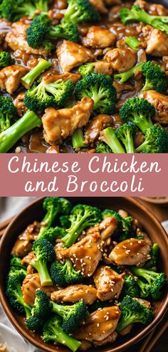 chicken and broccoli with sesame seeds in a brown bowl