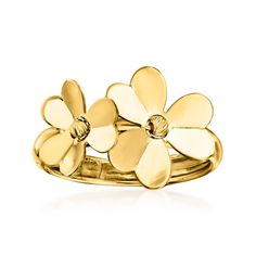 Ross-Simons - Italian 14kt Yellow Gold Flower Ring Size 5. Crafted in Italy, two beautiful blooms glisten in polished 14kt yellow gold. This ring is the perfect feminine touch to an everyday look. 3/8" wide. 14kt yellow gold flower ring. Essential Jewelry, Jewelry Presentation, Gold Ring For Women, Gold Flower Ring, Jewelry Styles, Fine Jewelery, Daisy Ring, Yellow Rings, Floral Studs