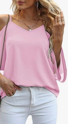 Stay on-trend this summer with our beautiful Cold Shoulder Blouse, featuring 3/4 bell sleeves with sheer detail. It's the perfect choice for pairing with white jeans on vacation or for a stylish Saturday night out. This blouse also includes adjustable straps for a customizable fit. Crafted from 100% polyester, it offers both style and ease of care. Elevate your summer wardrobe with this chic and versatile top. Solid 3/4 Sleeve Blouse For Summer, Summer Blouse With 3/4 Sleeve In Solid Color, Flowy Half Sleeve Blouse For Spring, Trendy Summer Top With 3/4 Sleeves, Trendy Beach Top With 3/4 Sleeves, Trendy Summer Tops With 3/4 Sleeves, Trendy Beach Tops With 3/4 Sleeve, Trendy Cold Shoulder Summer Blouse, Summer 3/4 Sleeve Blouse For Beach