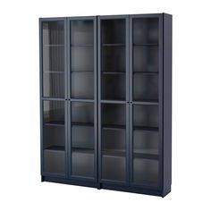 an empty bookcase with glass doors on the front and bottom, against a white background