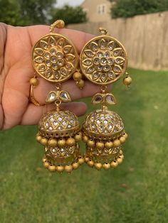 jhumka Made using kundan Thapa style jewellery 22ct gold plated Gold plated beads used 22k Gold Jhumkas For Weddings And Festivals, 22k Gold Chandbali Jhumkas For Festive Occasions, Bollywood Style 22k Gold Jhumkas For Wedding, 22k Gold Tilla Jhumkas For Wedding, 22k Gold Tilla Jhumkas For Puja, 22k Gold Jhumkas For Puja And Festive Occasions, 22k Gold Meenakari Jhumkas For Wedding, Yellow Gold Jhumkas For Puja, Gold Jhumkas For Puja And Festive Occasions