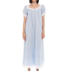 These cotton gowns for women from Alexander Del Rossa are comfortable, durable, and classy. Made from a premium 100% cotton fabric, this women's vintage looking nightgown is breathable and easy on the skin. Designed with you in mind, these Victorian nightgowns for women are perfect for lounging around the house - even when guests are present. Gathered short sleeves with wide lace cuff. Neckline trimmed with wide cotton lace above pintucks on front yoke. Front is gathered and features a long narr Cotton Nightgown With Short Sleeves For Overnight, Cotton Nightgown For Bedtime, Blue Cotton Nightgown For Spring, Blue Cotton Sleep Dress, Blue Cotton Sleepwear With Lace Trim, Cotton Dresses For Bedtime, Cotton Lace Trim Nightgown For Home, Cotton Nightgown With Lace Trim For Bedtime, Cotton Nightgown With Lace Trim For Home